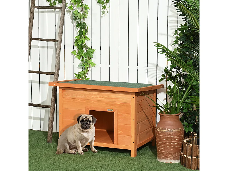 Niche chien sur pied dim. 85L x 58l x 58H cm - toit ouvrant bitumé vert - bois sapin pré-huilé