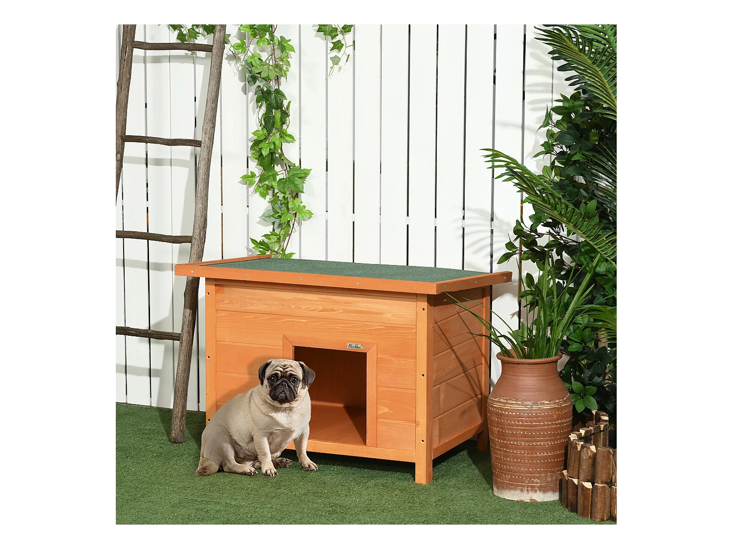 Niche chien sur pied dim. 85L x 58l x 58H cm - toit ouvrant bitumé vert - bois sapin pré-huilé