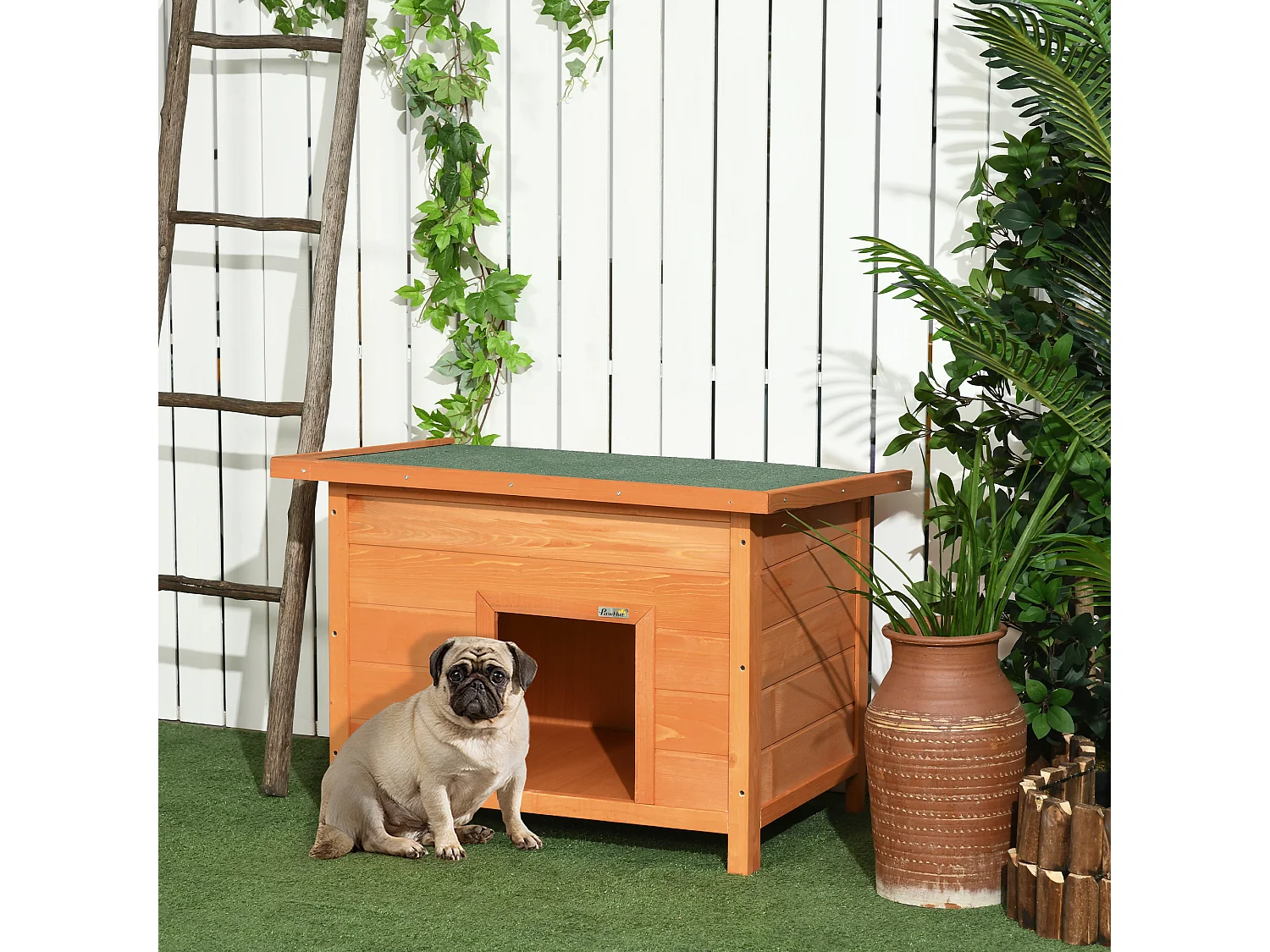 Niche chien sur pied dim. 85L x 58l x 58H cm - toit ouvrant bitumé vert - bois sapin pré-huilé