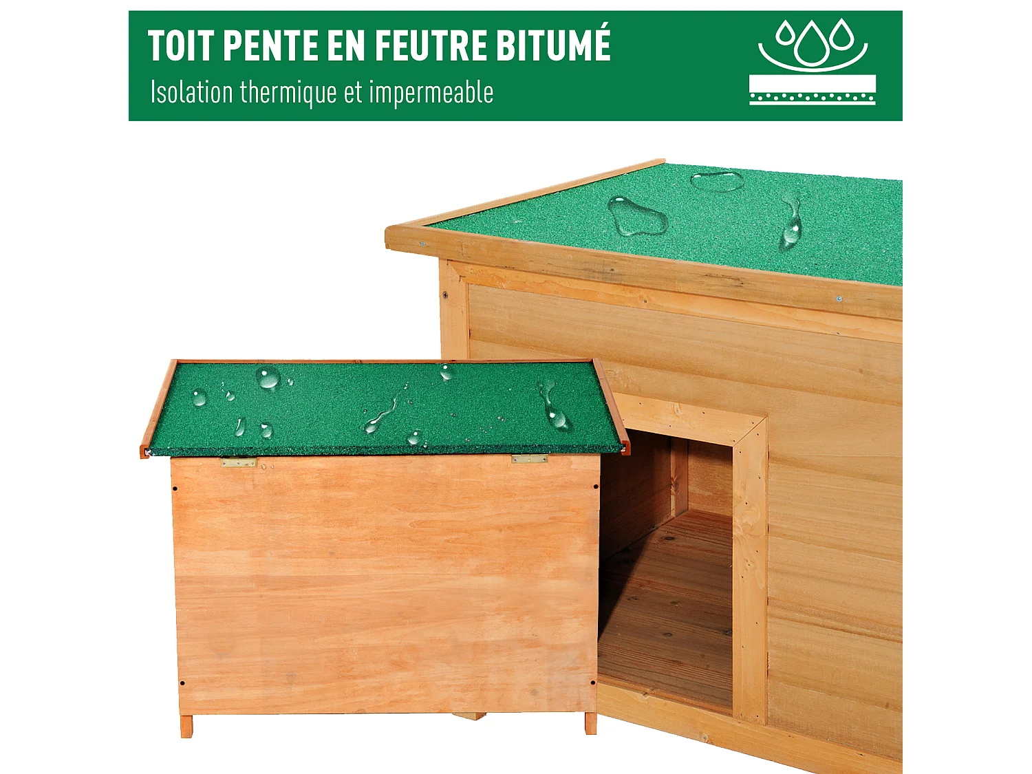 Niche chien sur pied dim. 85L x 58l x 58H cm - toit ouvrant bitumé vert - bois sapin pré-huilé