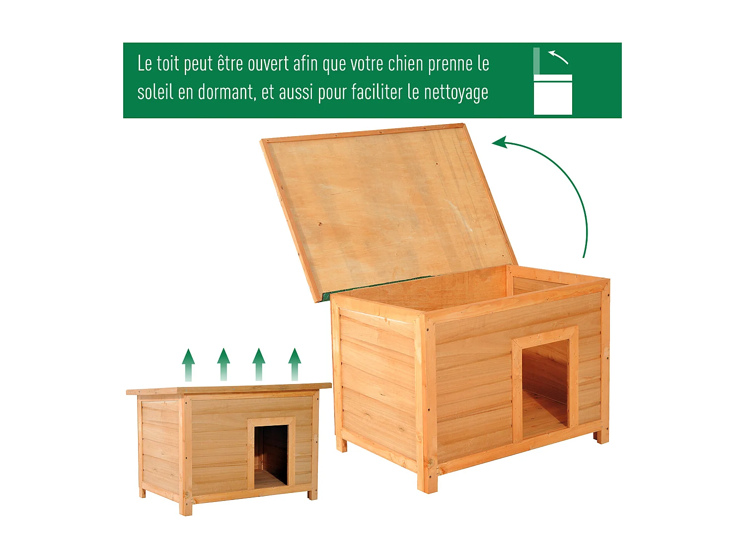 Niche chien sur pied dim. 85L x 58l x 58H cm - toit ouvrant bitumé vert - bois sapin pré-huilé