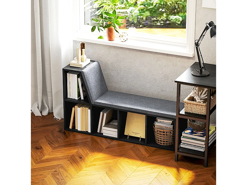Bibliothèque banc 2 en 1 design contemporain 5 casiers 2 coussins fournis 108L x 30l x 60H cm noir gris chiné