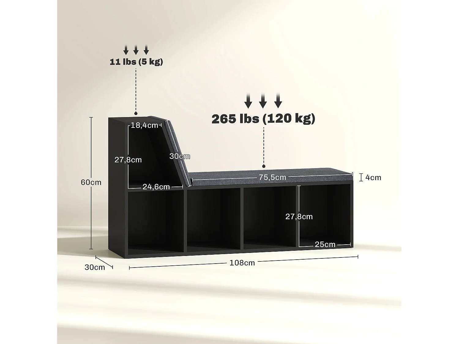 Bibliothèque banc 2 en 1 design contemporain 5 casiers 2 coussins fournis 108L x 30l x 60H cm noir gris chiné