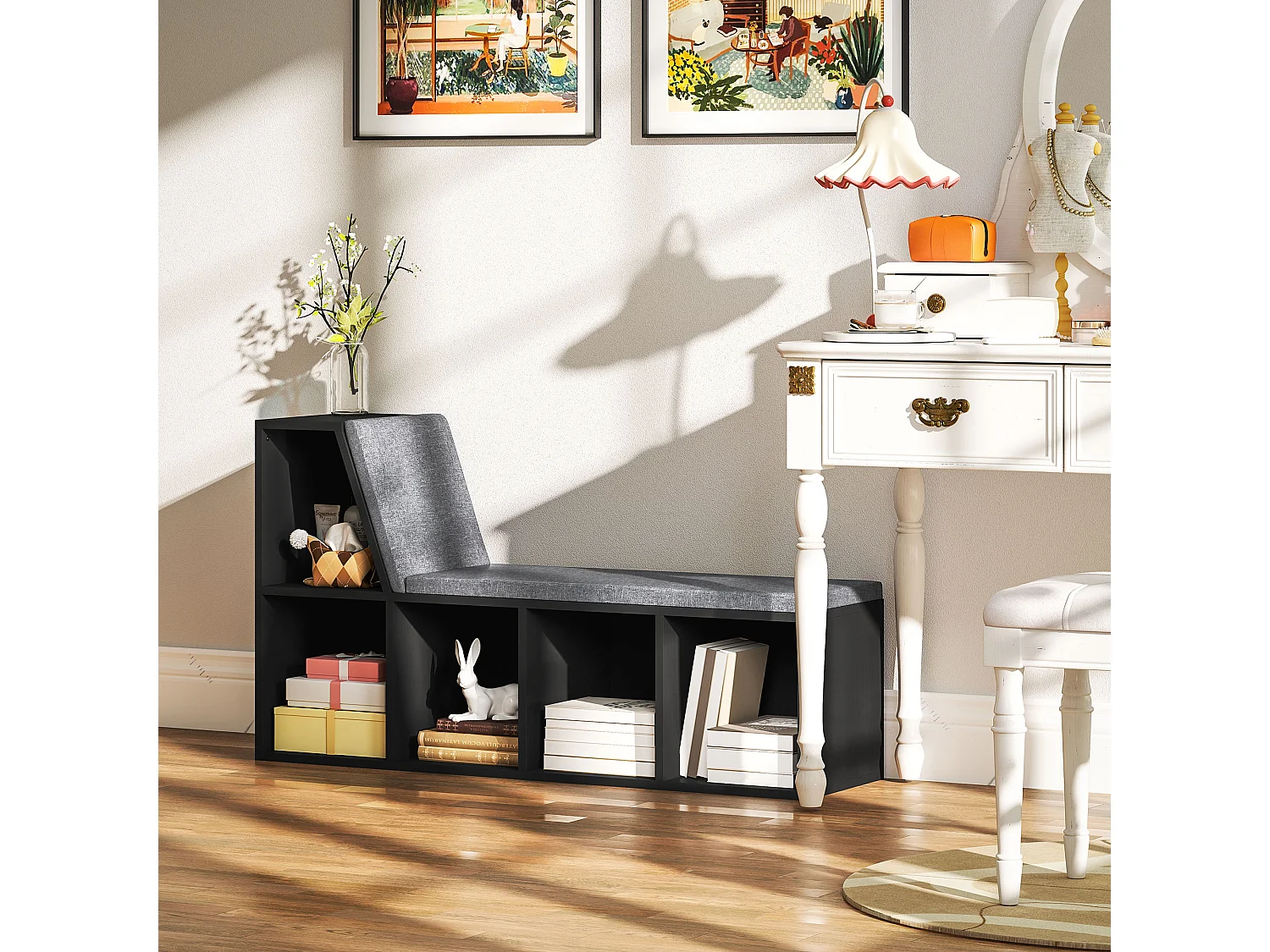 Bibliothèque banc 2 en 1 design contemporain 5 casiers 2 coussins fournis 108L x 30l x 60H cm noir gris chiné