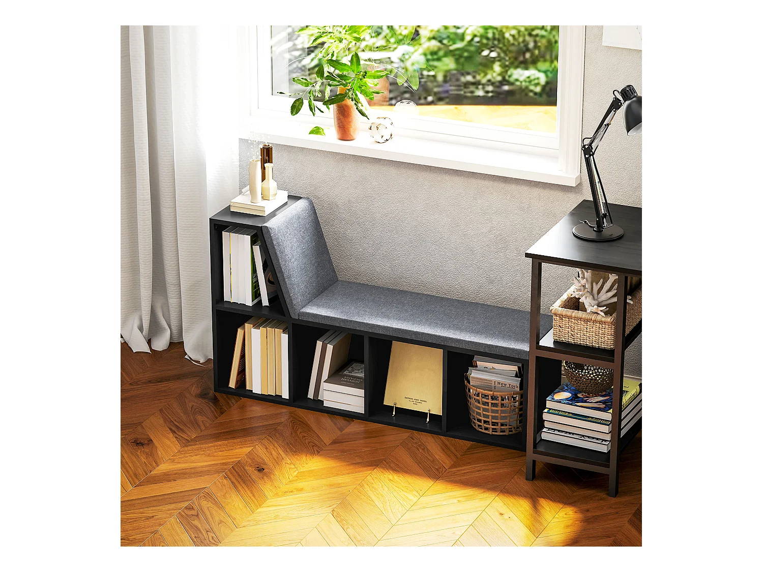 Bibliothèque banc 2 en 1 design contemporain 5 casiers 2 coussins fournis 108L x 30l x 60H cm noir gris chiné