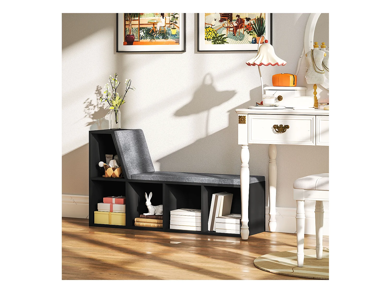 Bibliothèque banc 2 en 1 design contemporain 5 casiers 2 coussins fournis 108L x 30l x 60H cm noir gris chiné