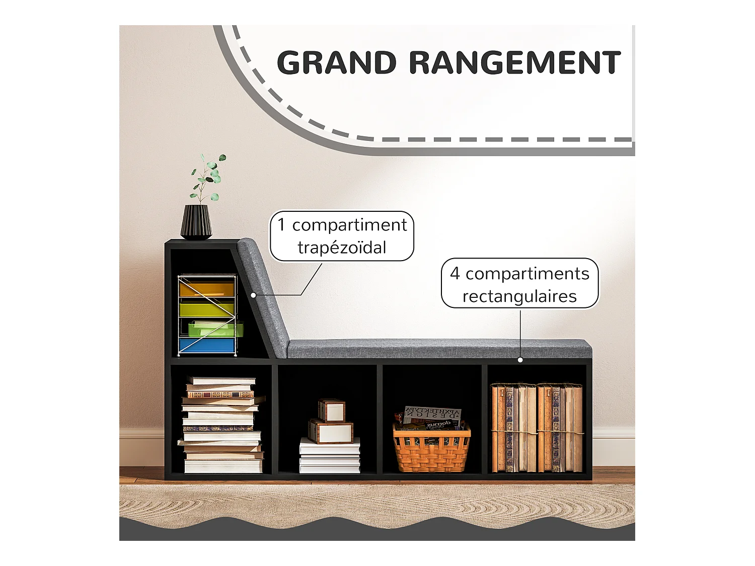 Bibliothèque banc 2 en 1 design contemporain 5 casiers 2 coussins fournis 108L x 30l x 60H cm noir gris chiné