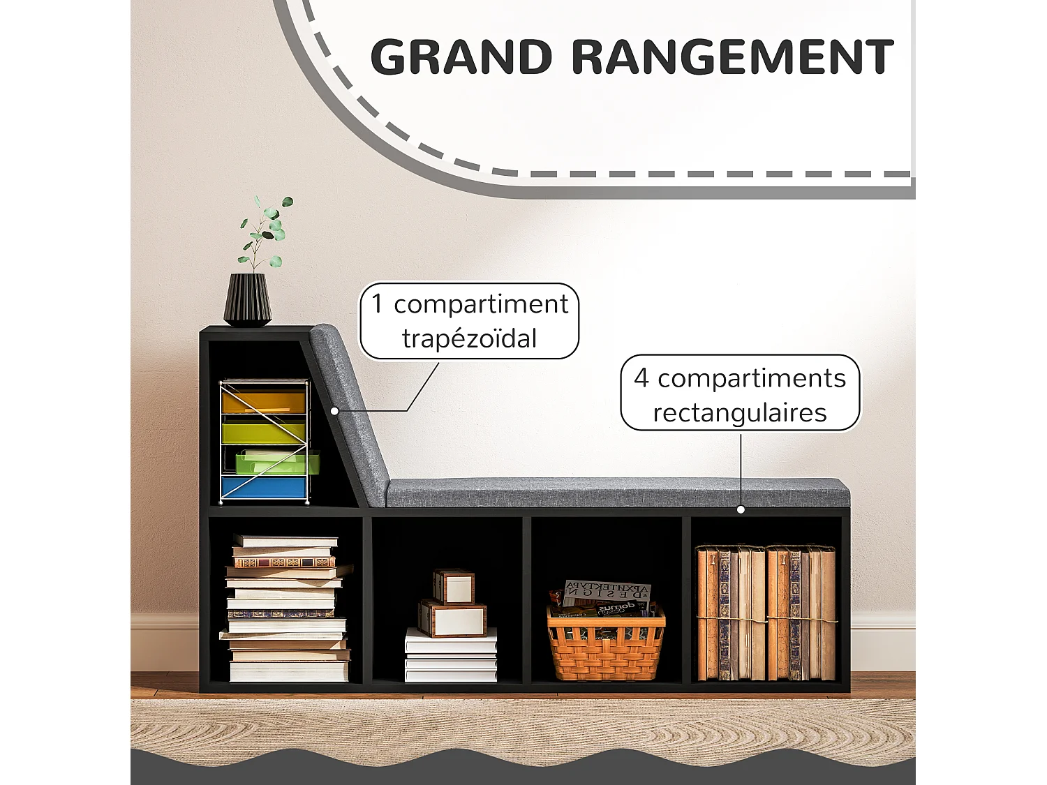 Bibliothèque banc 2 en 1 design contemporain 5 casiers 2 coussins fournis 108L x 30l x 60H cm noir gris chiné