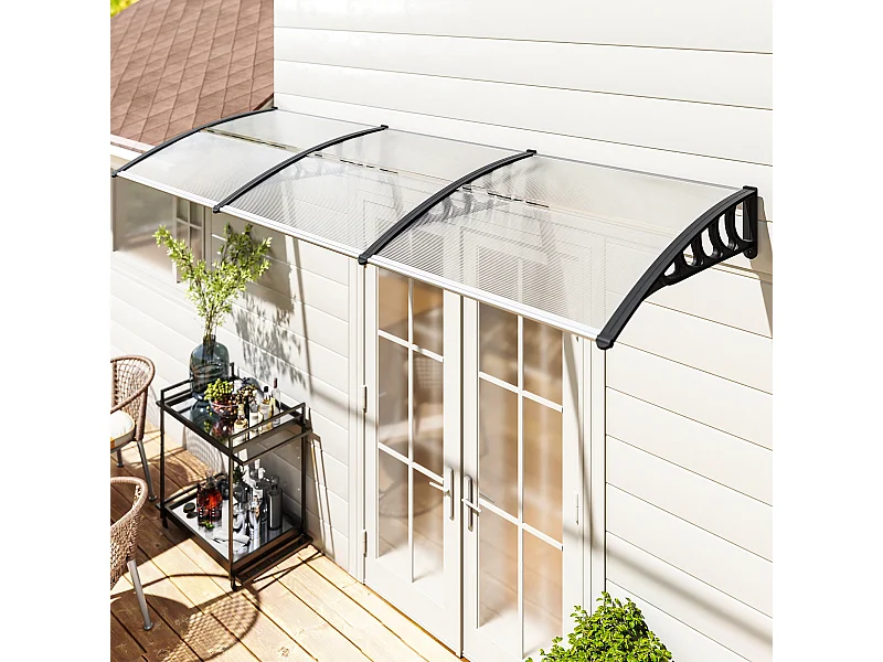 Auvent marquise de porte design voûté arrondi dim. 303L x 96l x 27H cm alu polycarbonate plastique noir
