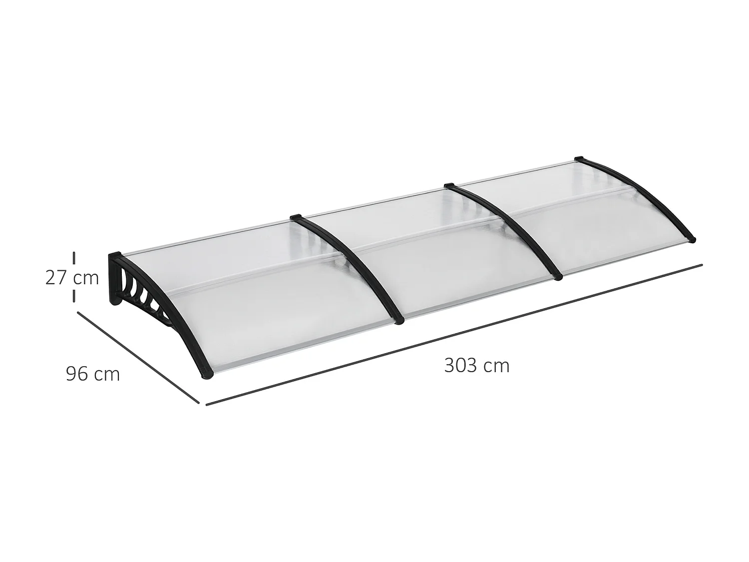 Auvent marquise de porte design voûté arrondi dim. 303L x 96l x 27H cm alu polycarbonate plastique noir