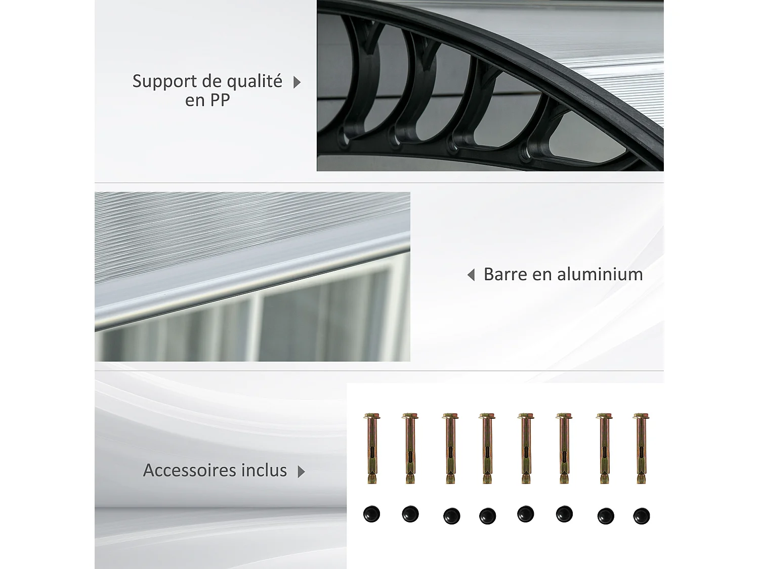 Auvent marquise de porte design voûté arrondi dim. 303L x 96l x 27H cm alu polycarbonate plastique noir