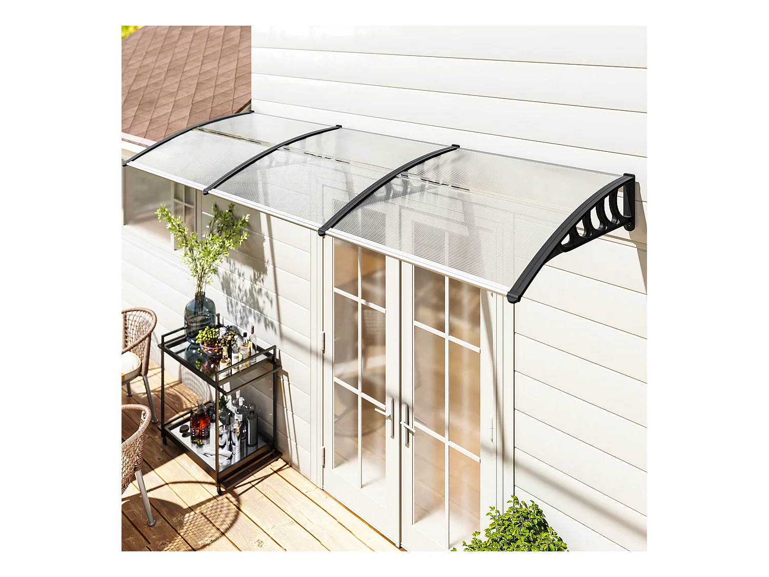 Auvent marquise de porte design voûté arrondi dim. 303L x 96l x 27H cm alu polycarbonate plastique noir