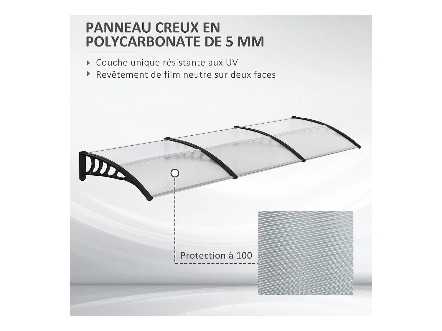 Auvent marquise de porte design voûté arrondi dim. 303L x 96l x 27H cm alu polycarbonate plastique noir