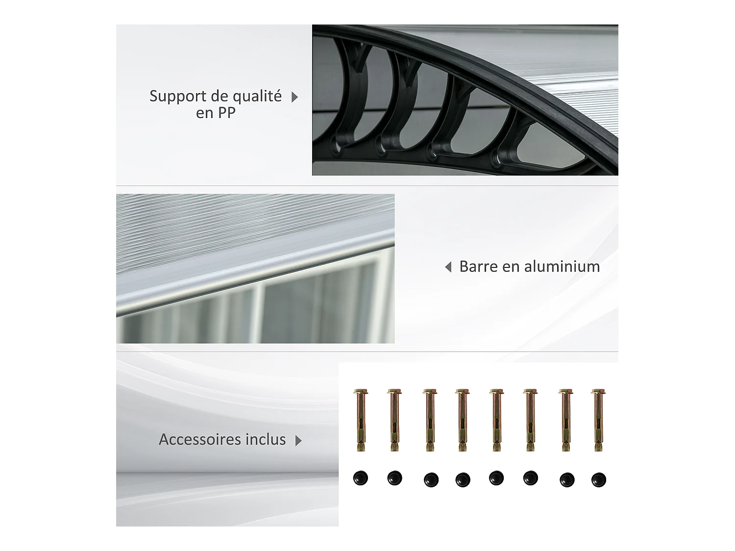 Auvent marquise de porte design voûté arrondi dim. 303L x 96l x 27H cm alu polycarbonate plastique noir