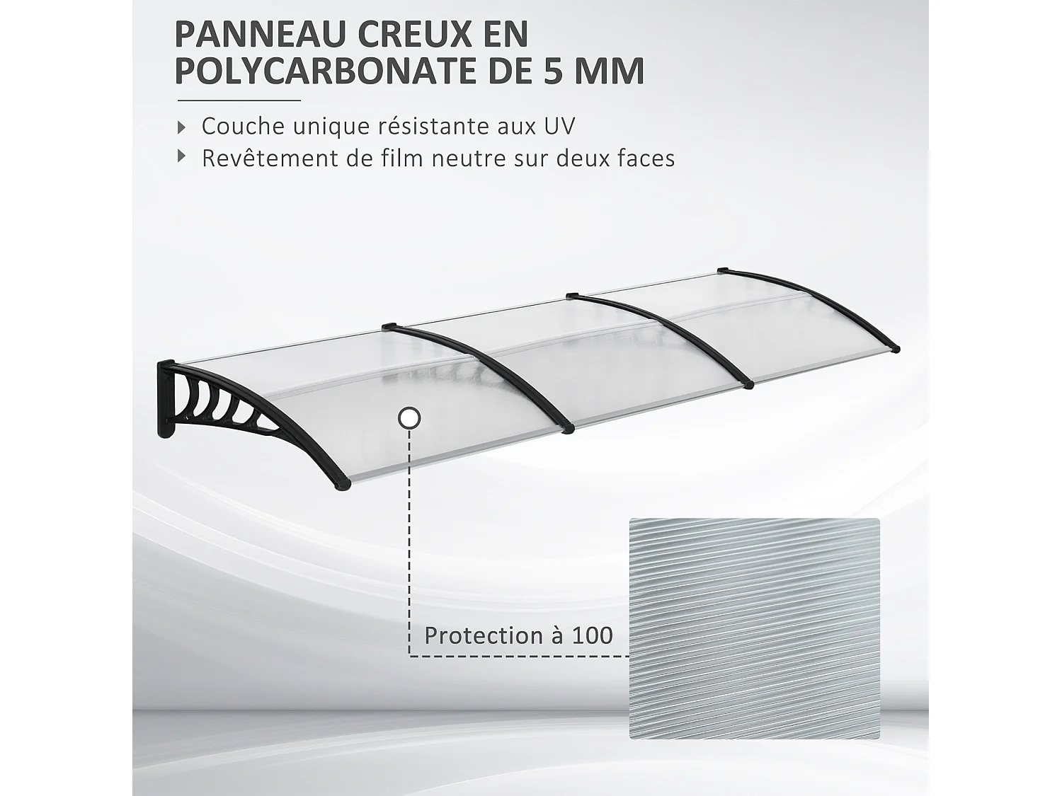 Auvent marquise de porte design voûté arrondi dim. 303L x 96l x 27H cm alu polycarbonate plastique noir