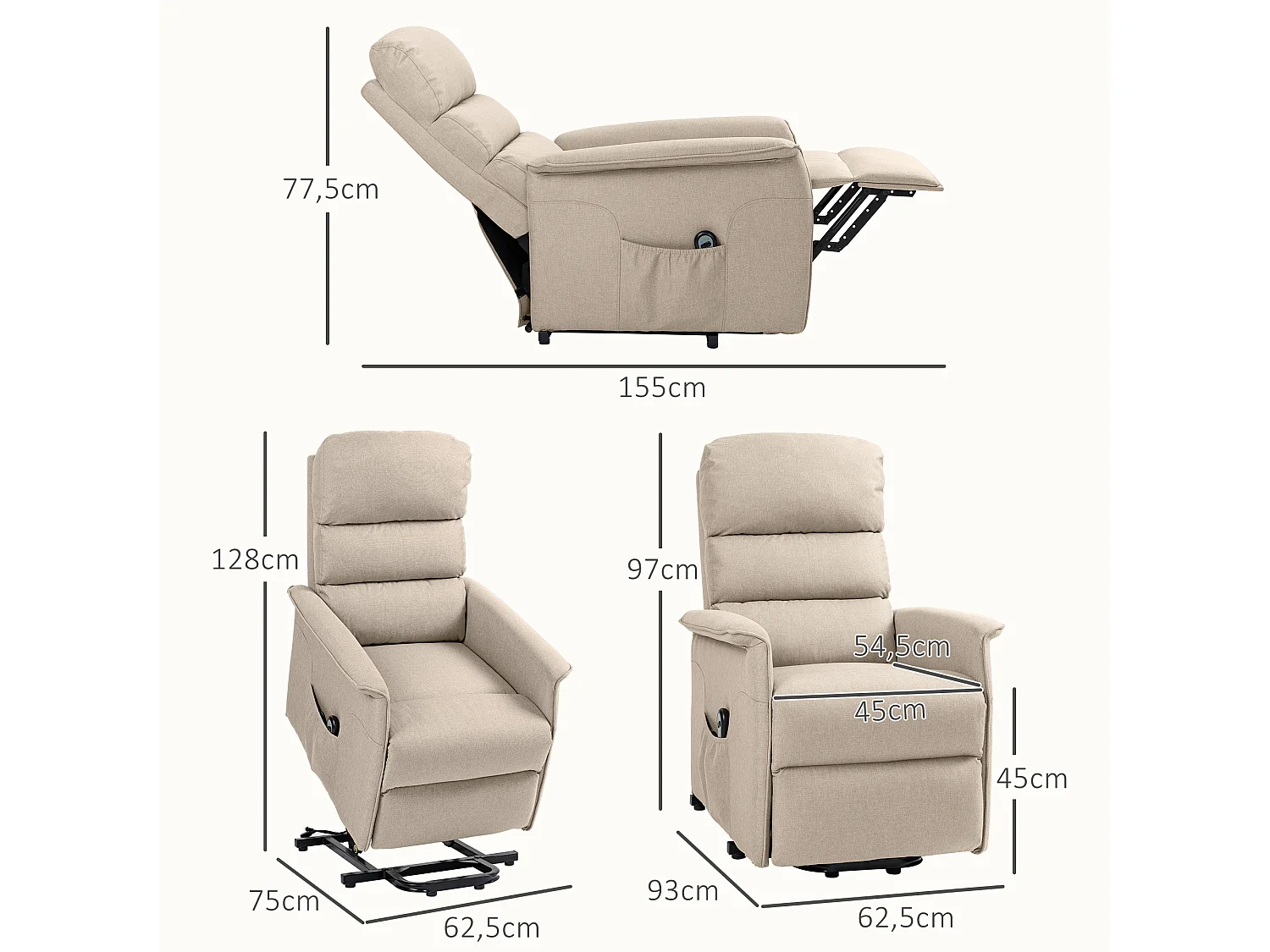 Fauteuil releveur inclinable massant chauffant - 2 télécommandes, roulettes, pochette - tissu beige chiné