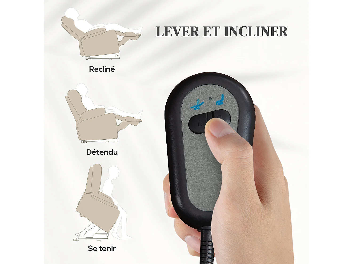 Fauteuil releveur inclinable massant chauffant - 2 télécommandes, roulettes, pochette - tissu beige chiné