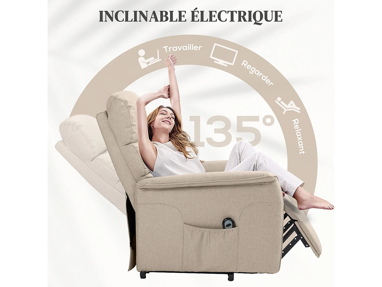 Fauteuil releveur inclinable massant chauffant - 2 télécommandes, roulettes, pochette - tissu beige chiné
