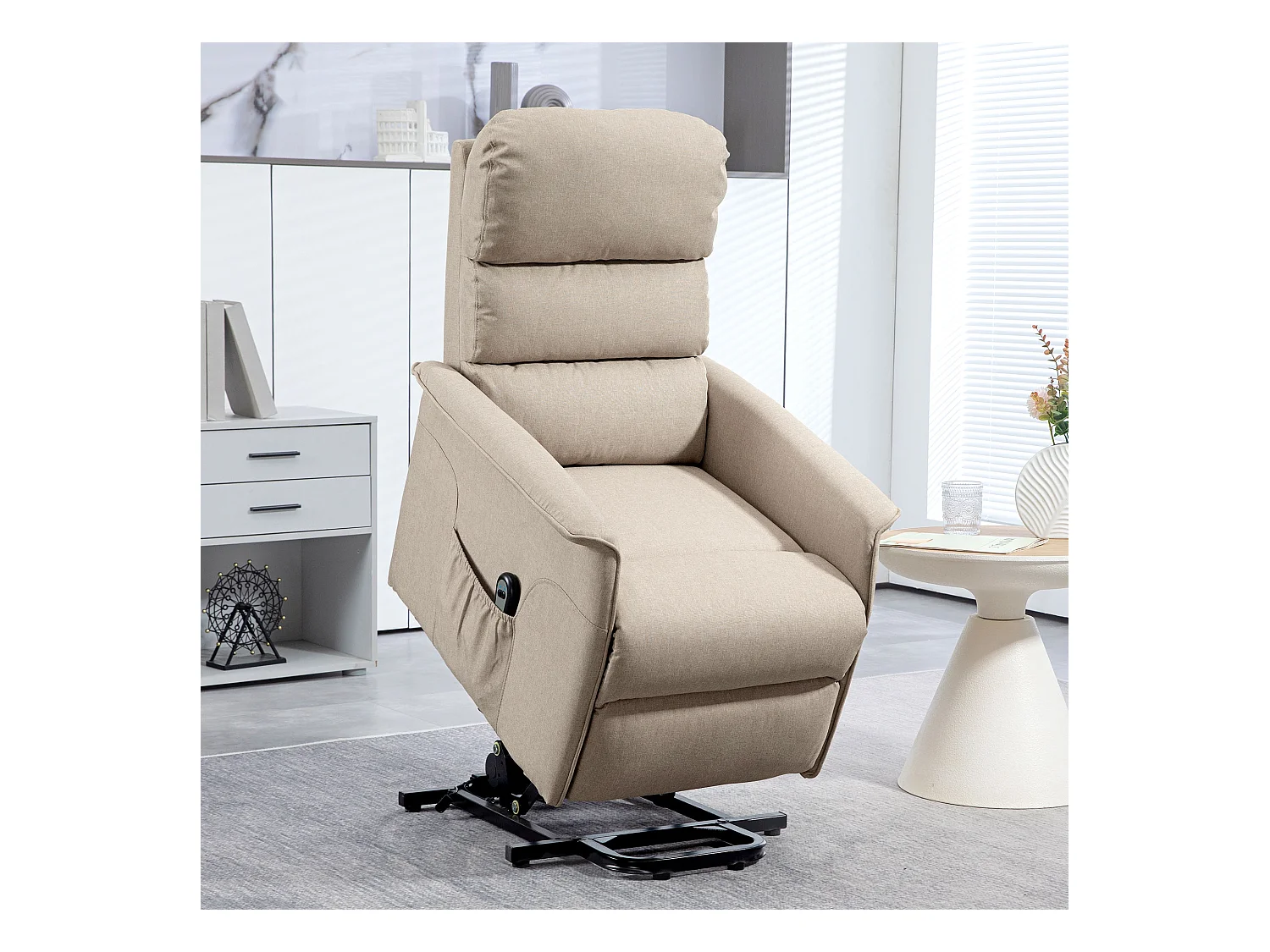 Fauteuil releveur inclinable massant chauffant - 2 télécommandes, roulettes, pochette - tissu beige chiné