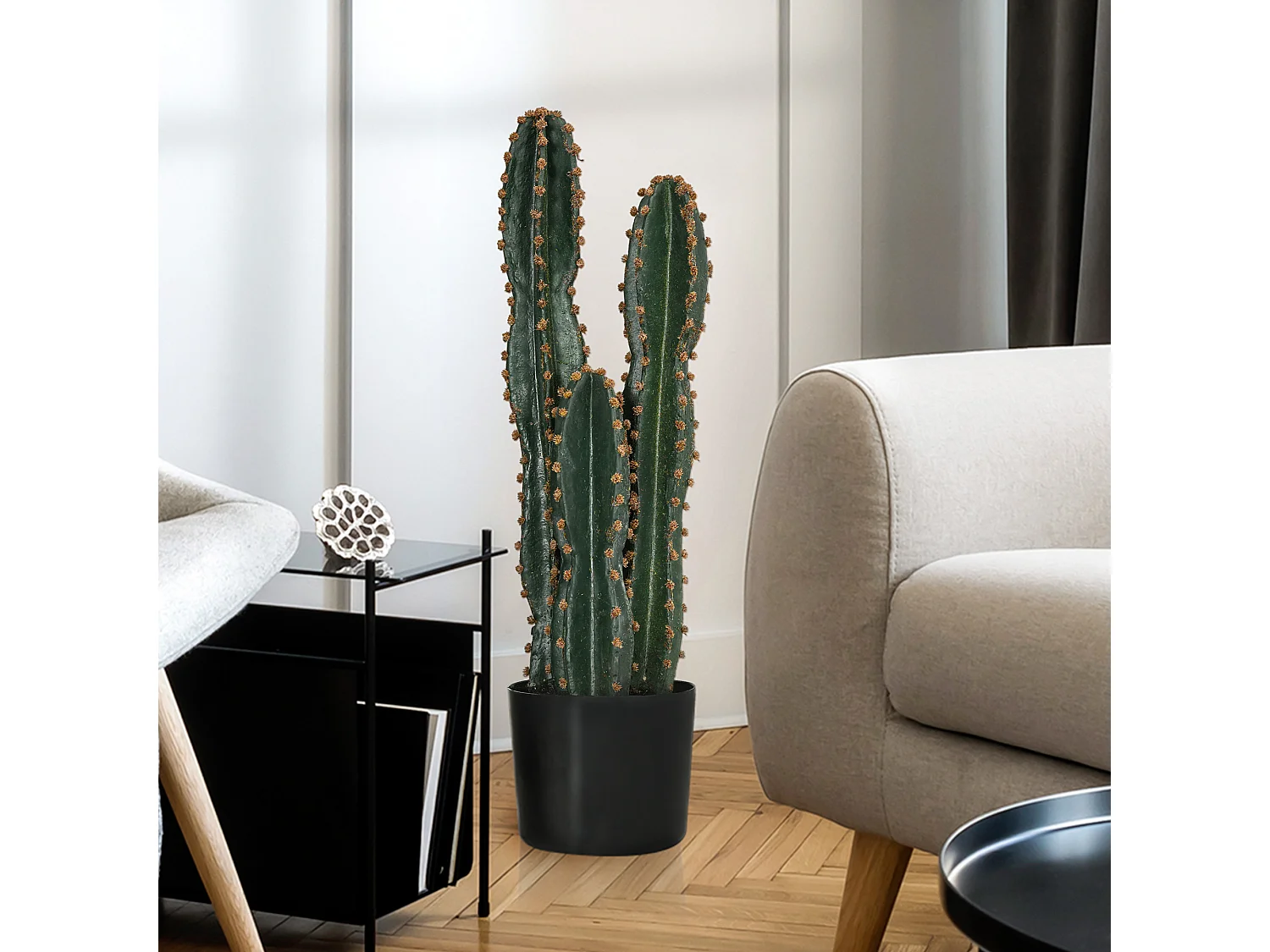 Cactus artificiel grand réalisme 3 pieds dim. Ø 17 x 60H cm pot inclus vert
