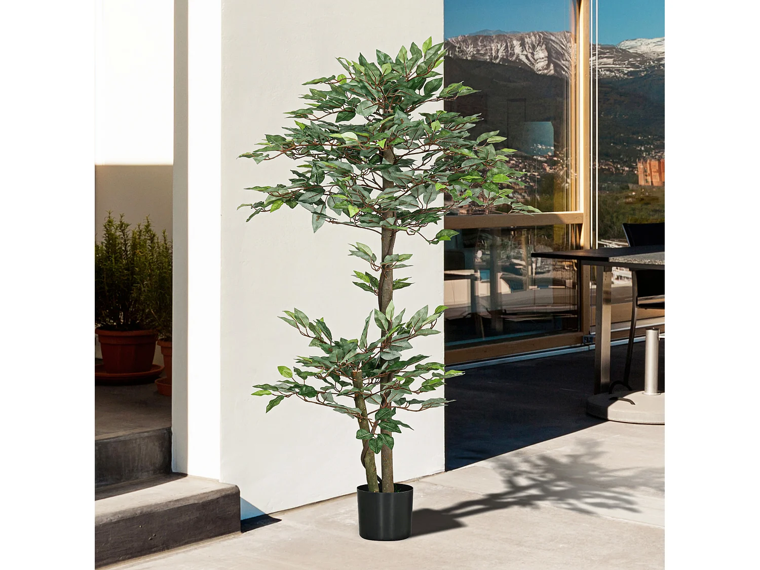 Plante artificielle ficus H.1,5 m troncs branches liane lichen feuilles grand réalisme pot inclus