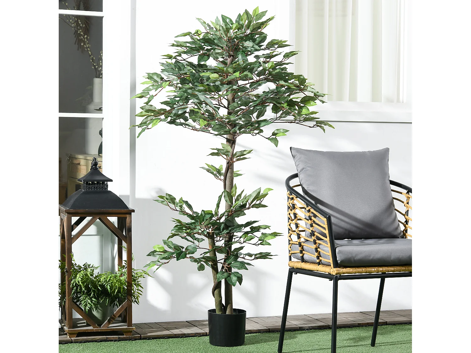 Plante artificielle ficus H.1,5 m troncs branches liane lichen feuilles grand réalisme pot inclus