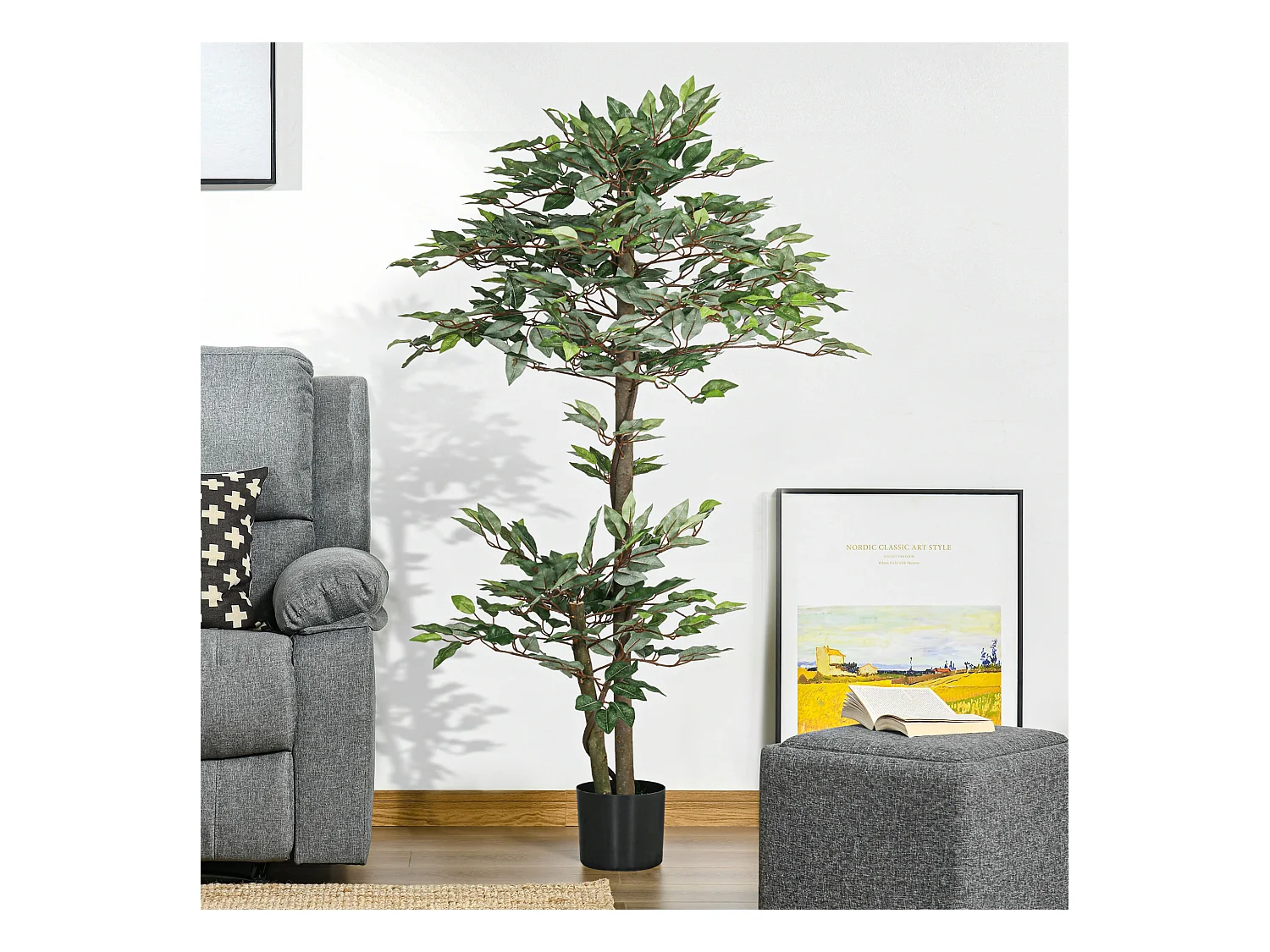 Plante artificielle ficus H.1,5 m troncs branches liane lichen feuilles grand réalisme pot inclus