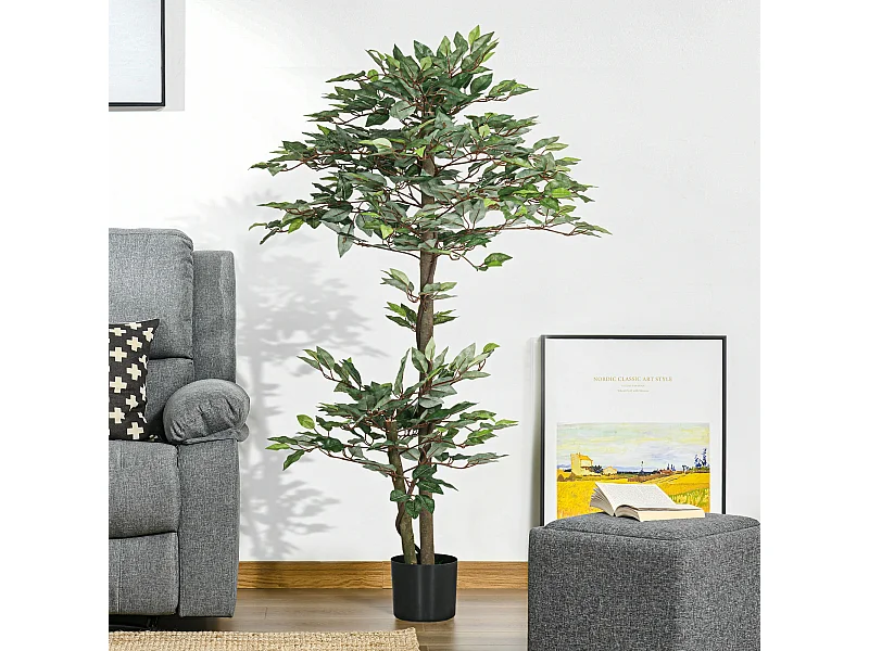 Plante artificielle ficus H.1,5 m troncs branches liane lichen feuilles grand réalisme pot inclus