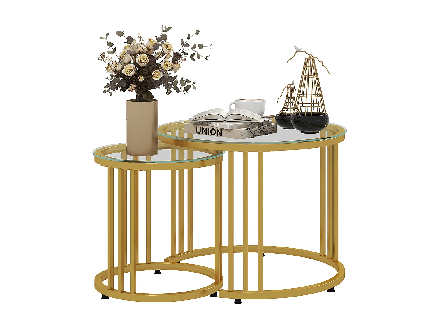 Lot de 2 tables basses gigognes rondes style Art Déco - Ø 60/40 cm - acier doré plateau verre trempé