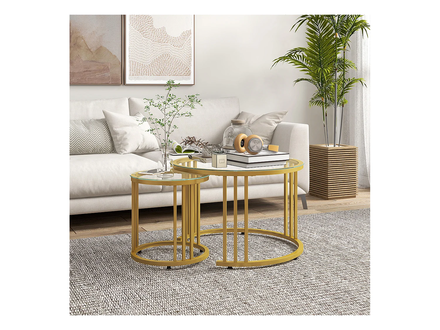 Lot de 2 tables basses gigognes rondes style Art Déco - Ø 60/40 cm - acier doré plateau verre trempé