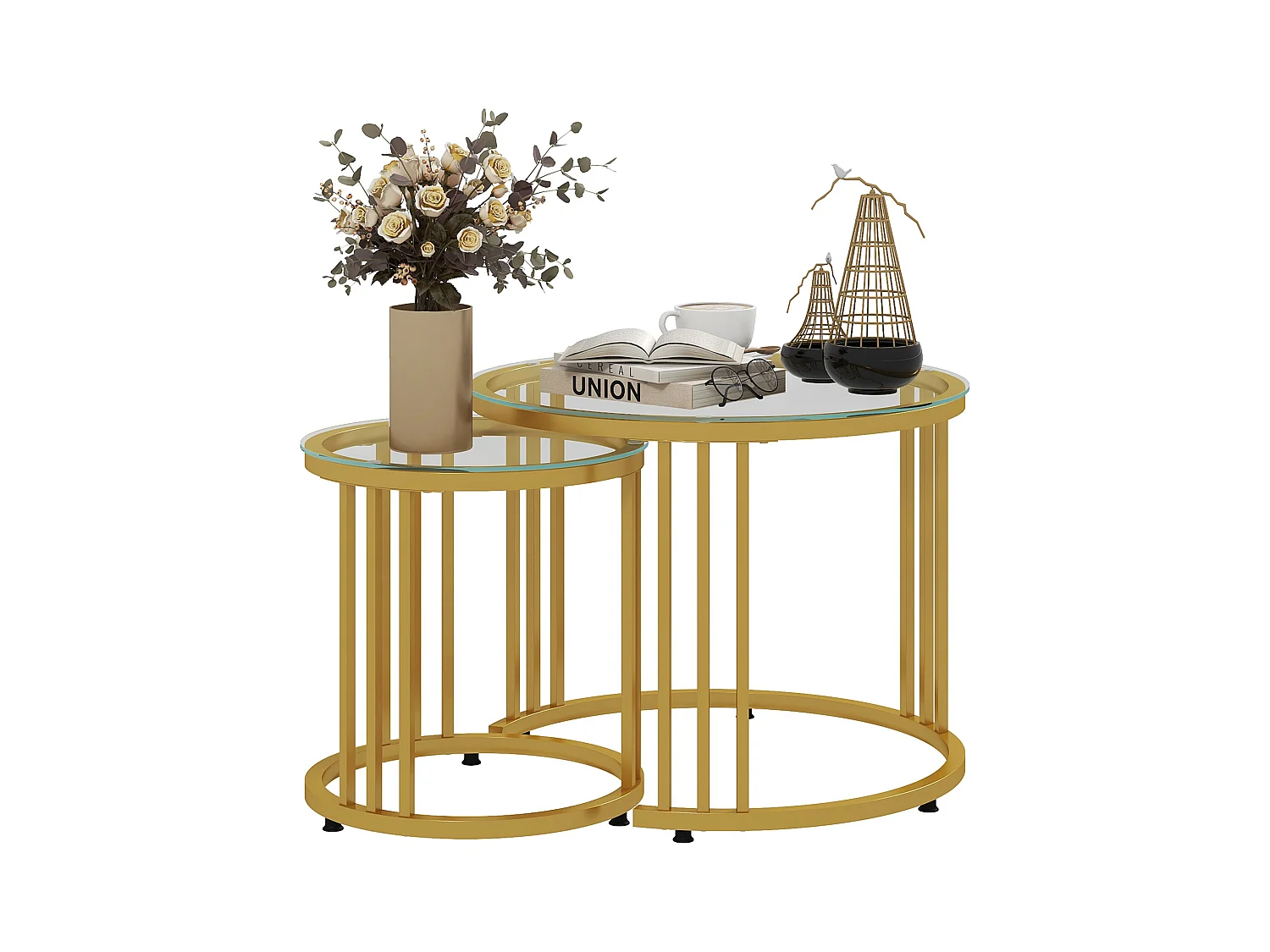 Lot de 2 tables basses gigognes rondes style Art Déco - Ø 60/40 cm - acier doré plateau verre trempé