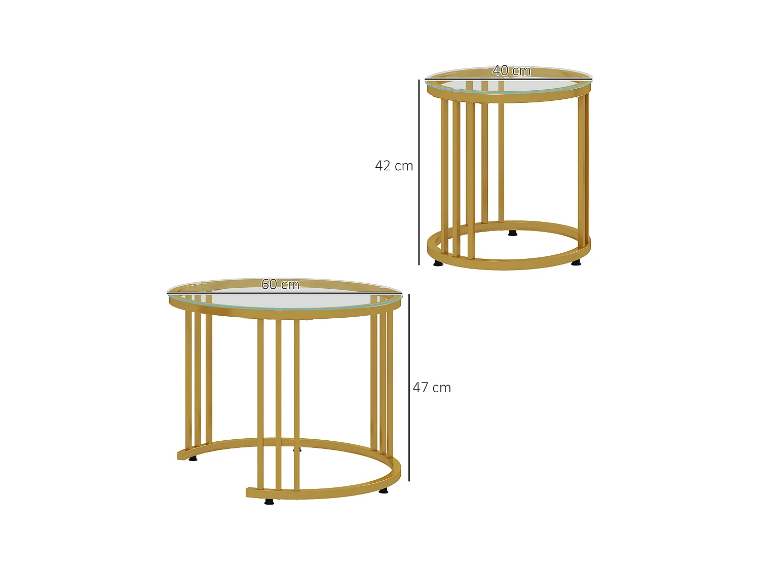 Lot de 2 tables basses gigognes rondes style Art Déco - Ø 60/40 cm - acier doré plateau verre trempé