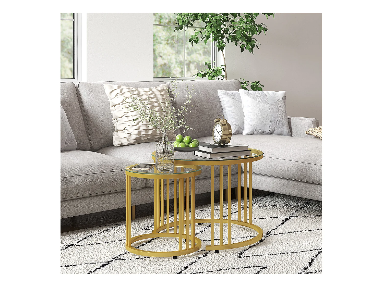 Lot de 2 tables basses gigognes rondes style Art Déco - Ø 60/40 cm - acier doré plateau verre trempé