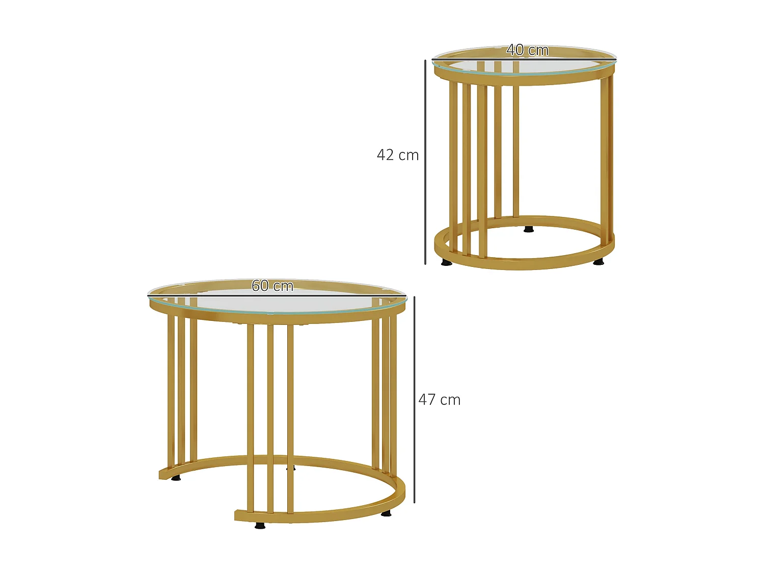 Lot de 2 tables basses gigognes rondes style Art Déco - Ø 60/40 cm - acier doré plateau verre trempé