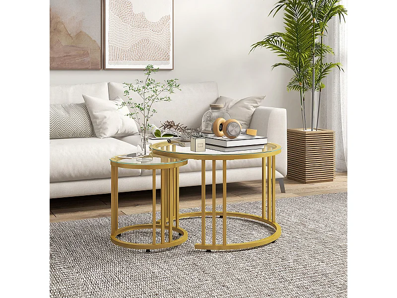 Lot de 2 tables basses gigognes rondes style Art Déco - Ø 60/40 cm - acier doré plateau verre trempé