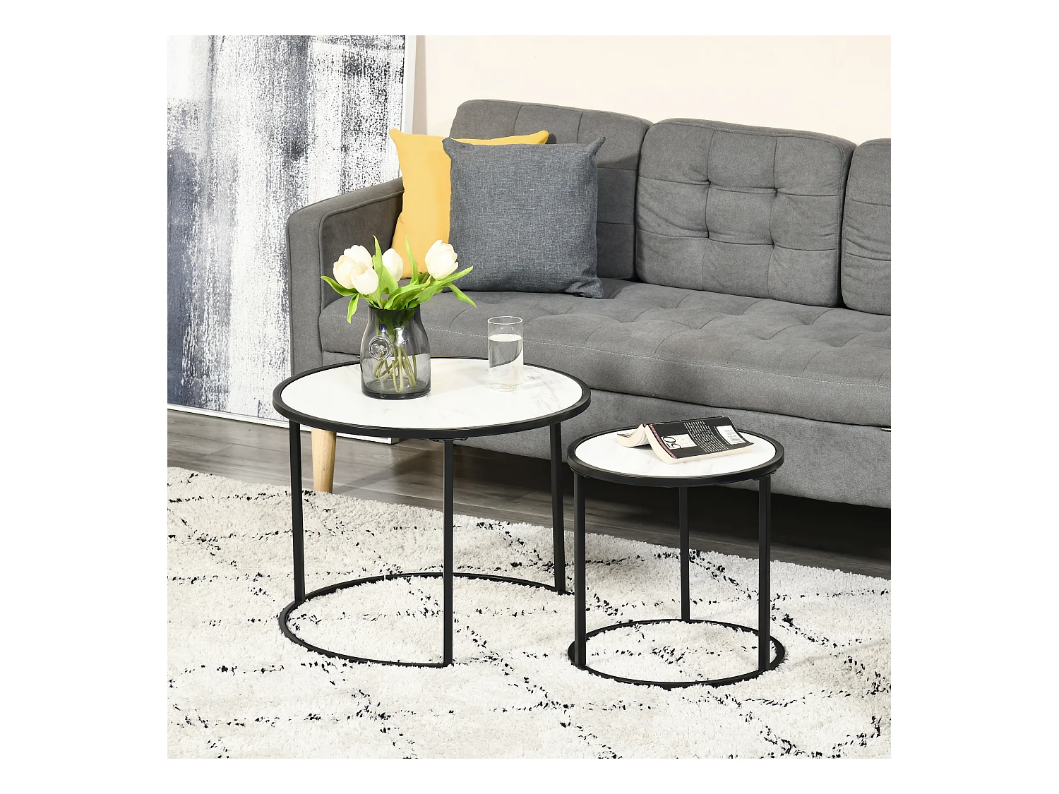 Lot de 2 tables basses rondes gigognes empilables métal noir aspect marbre blanc
