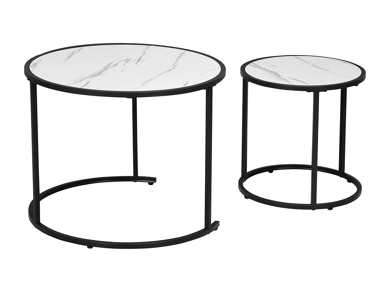 Lot de 2 tables basses rondes gigognes empilables métal noir aspect marbre blanc