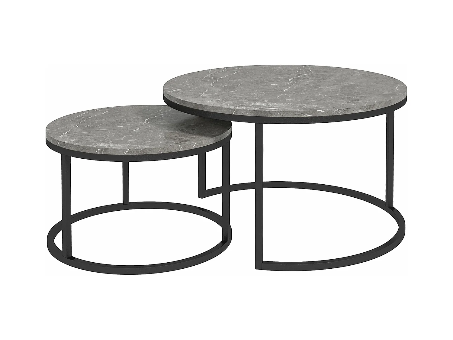 Lot de 2 tables basses rondes gigogne empilables piètement acier noir plateau aspect marbre gris