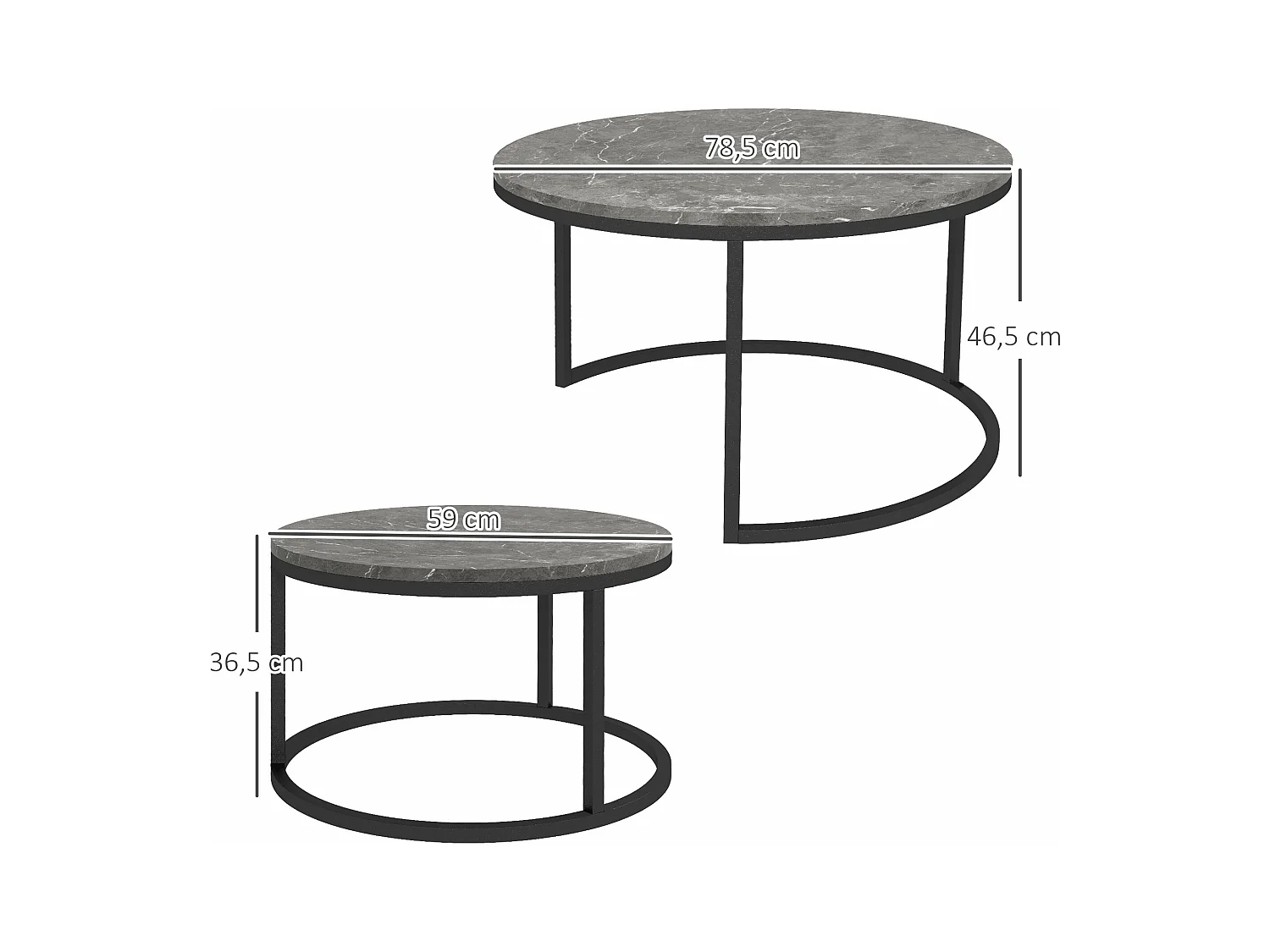 Lot de 2 tables basses rondes gigogne empilables piètement acier noir plateau aspect marbre gris