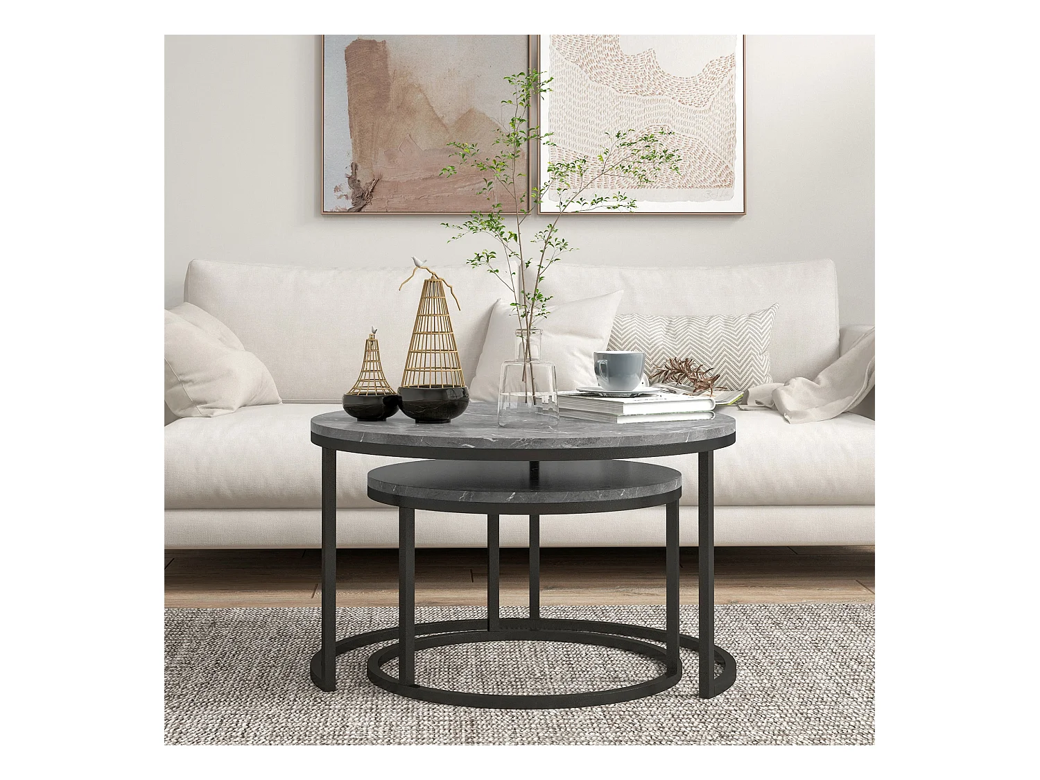 Lot de 2 tables basses rondes gigogne empilables piètement acier noir plateau aspect marbre gris