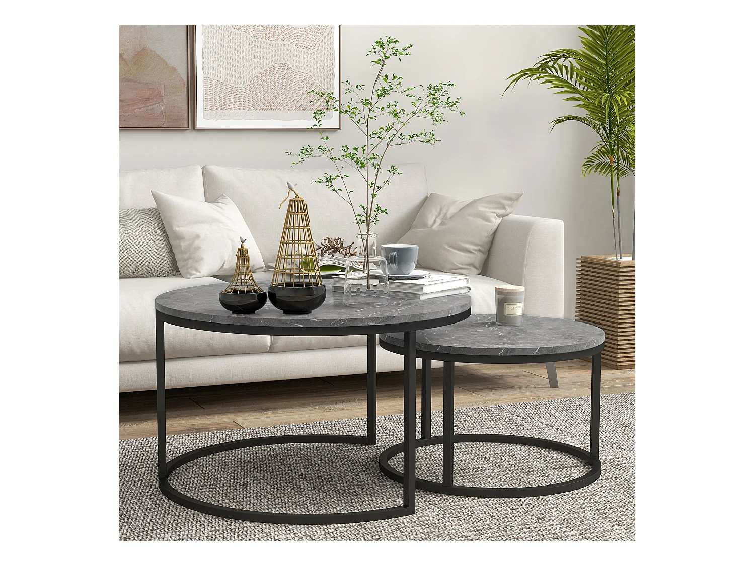 Lot de 2 tables basses rondes gigogne empilables piètement acier noir plateau aspect marbre gris