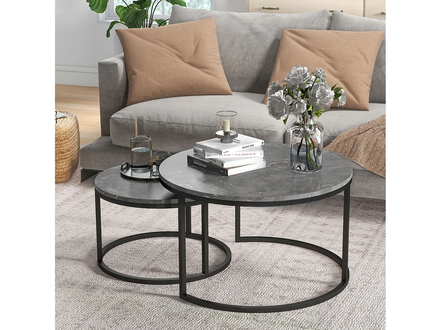 Lot de 2 tables basses rondes gigogne empilables piètement acier noir plateau aspect marbre gris