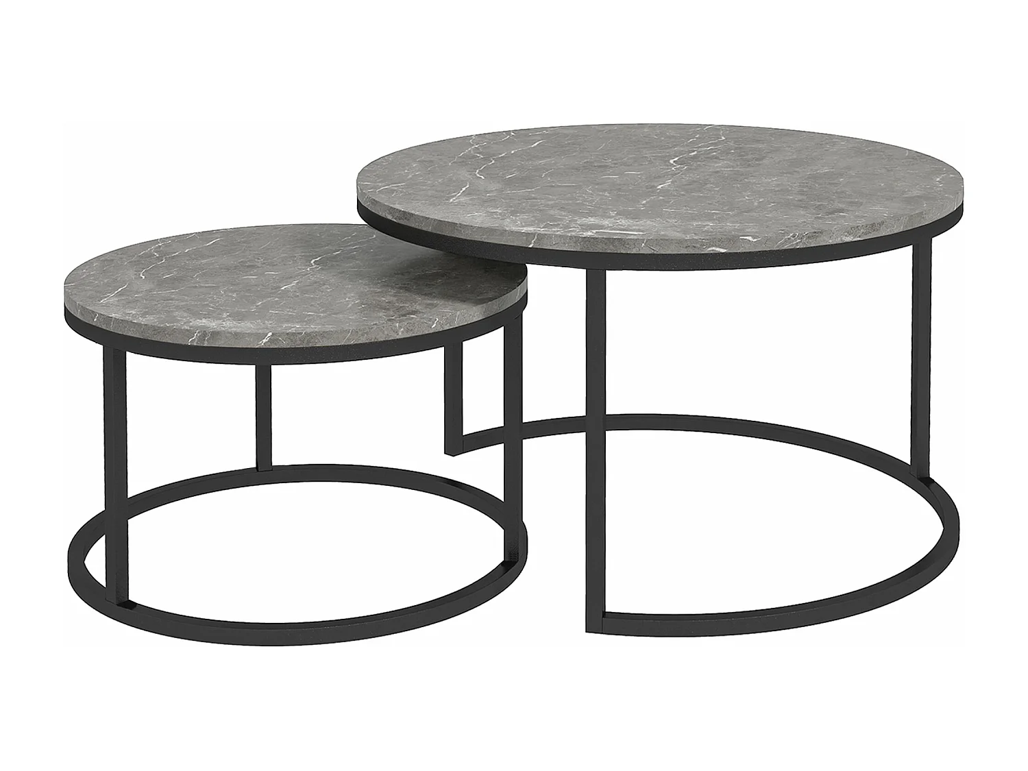 Lot de 2 tables basses rondes gigogne empilables piètement acier noir plateau aspect marbre gris