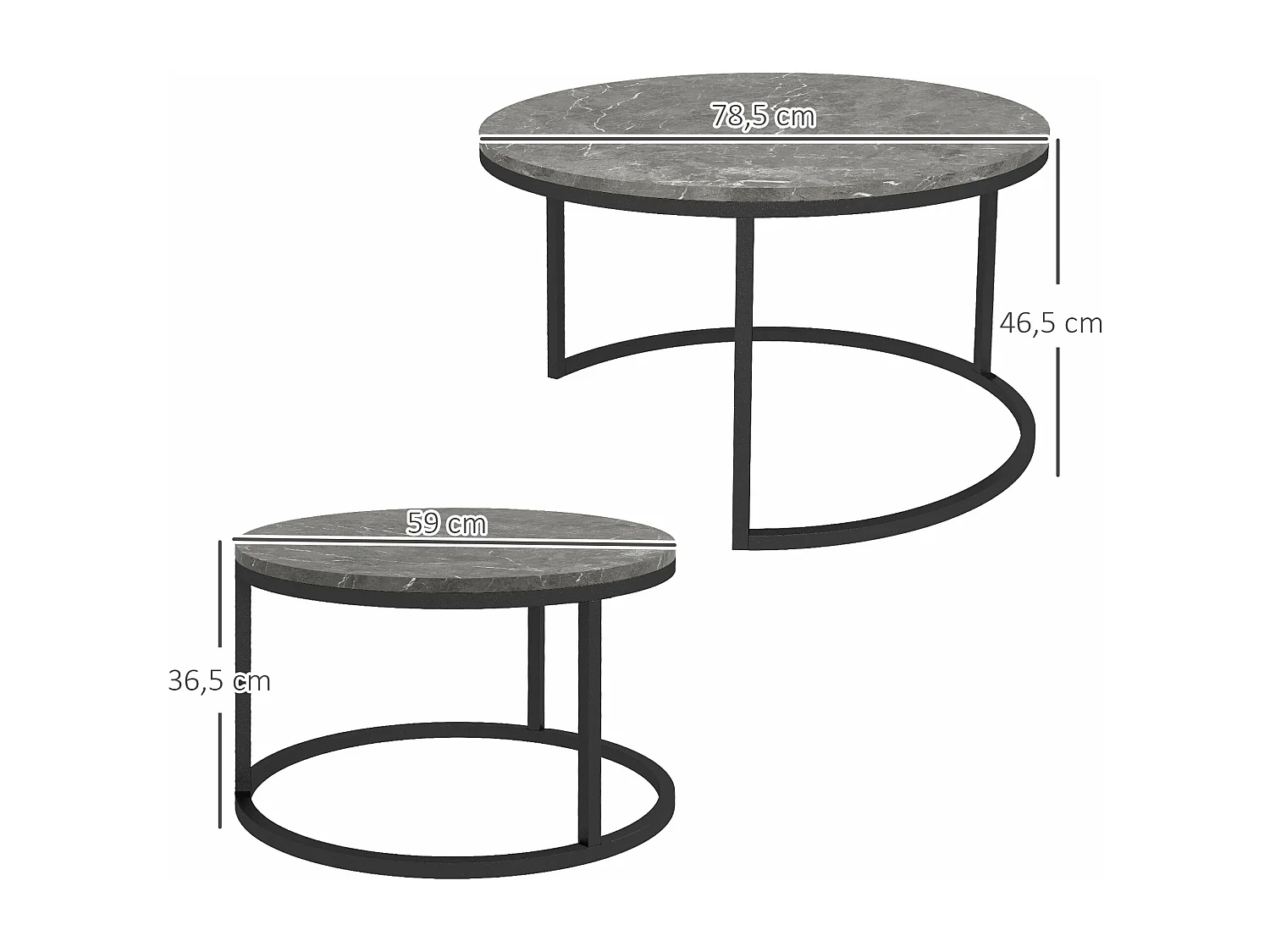 Lot de 2 tables basses rondes gigogne empilables piètement acier noir plateau aspect marbre gris