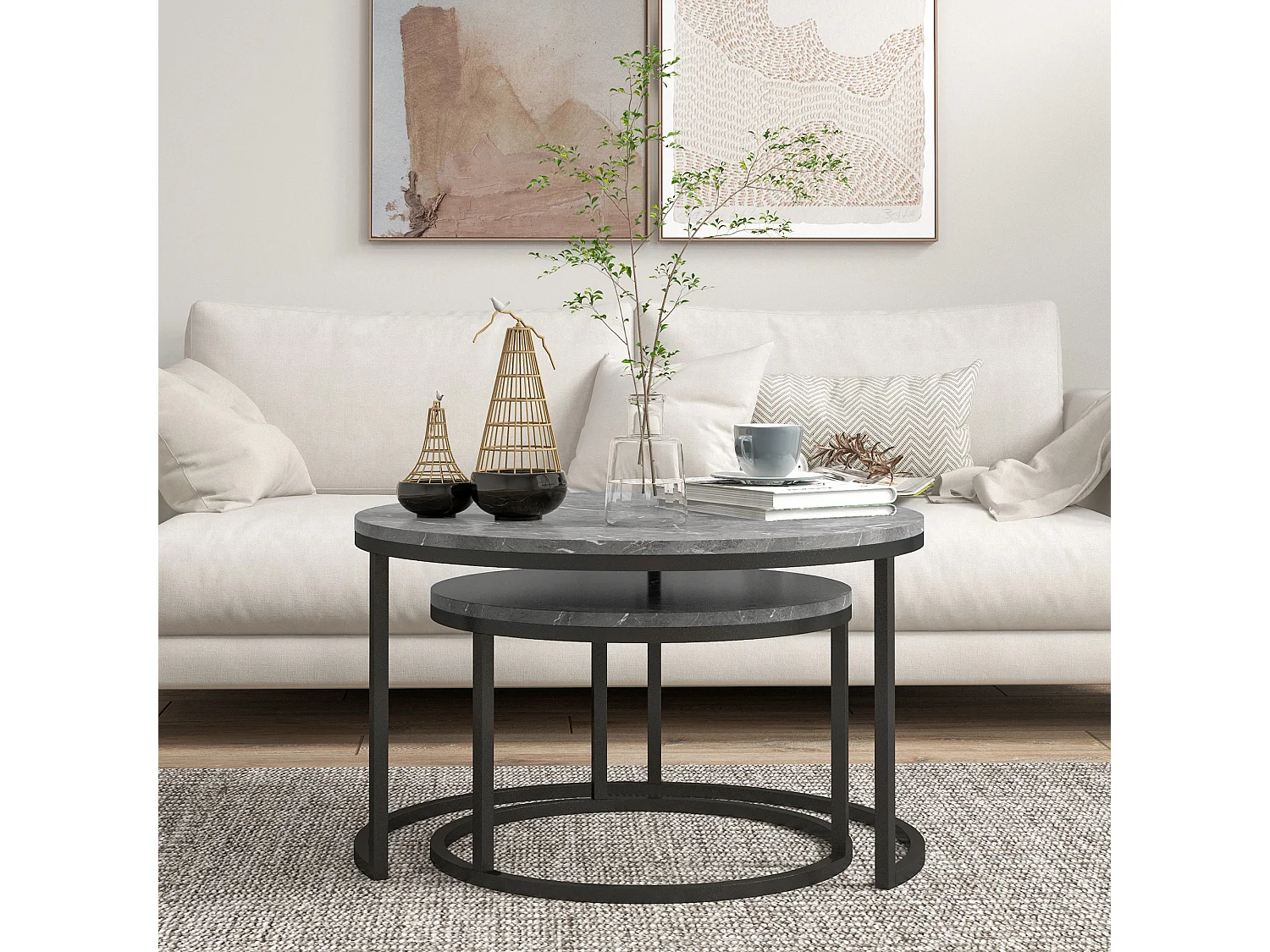 Lot de 2 tables basses rondes gigogne empilables piètement acier noir plateau aspect marbre gris