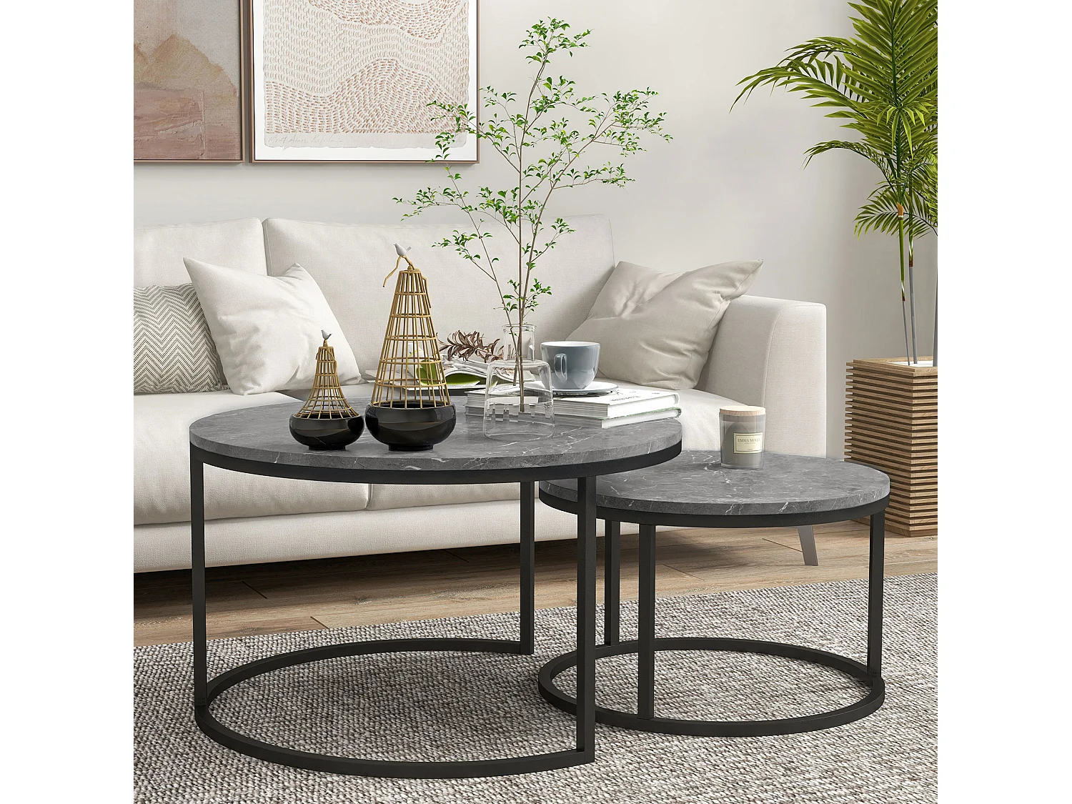 Lot de 2 tables basses rondes gigogne empilables piètement acier noir plateau aspect marbre gris