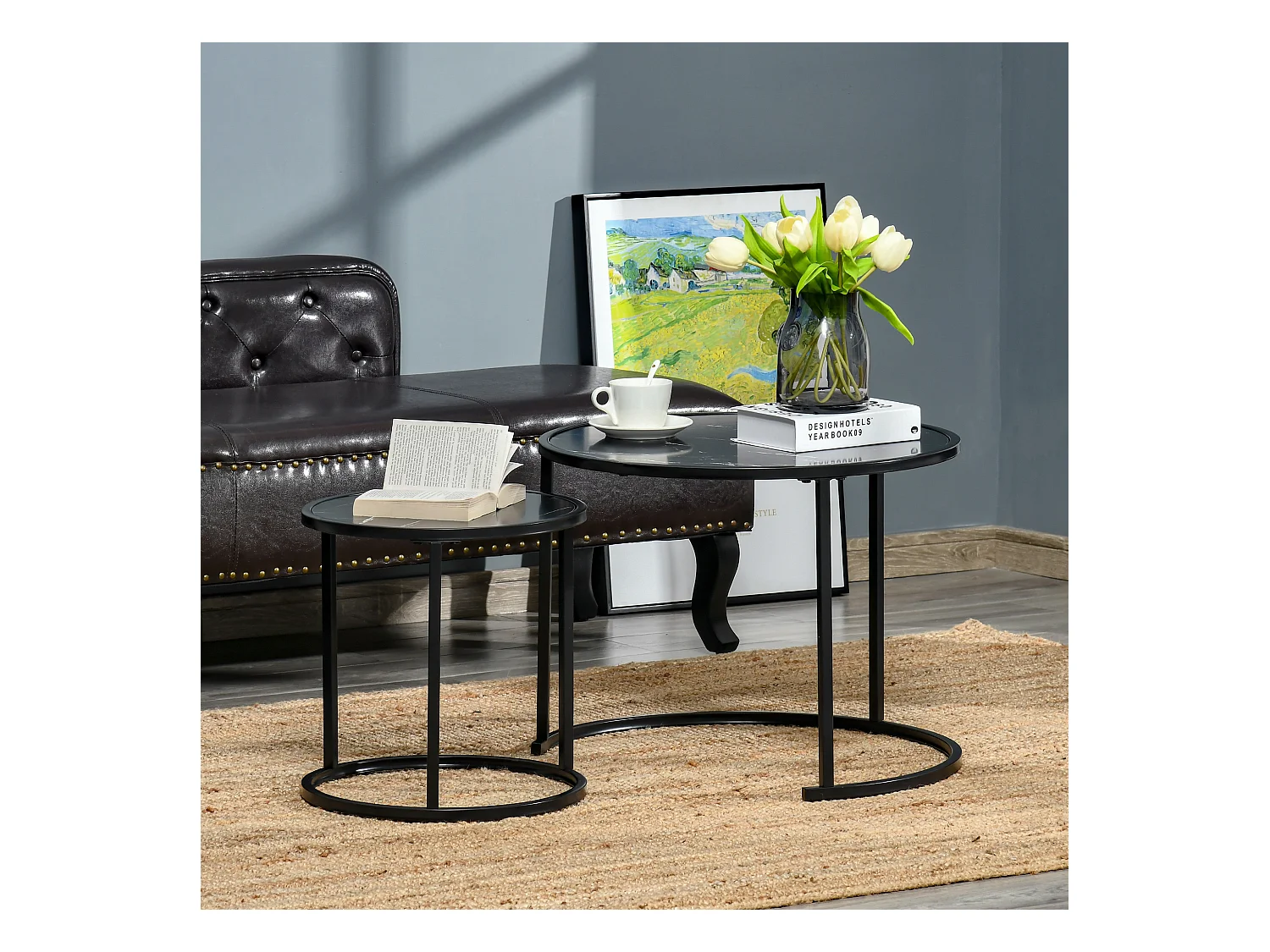 Lot de 2 tables basses rondes gigognes empilables métal noir aspect marbre noir