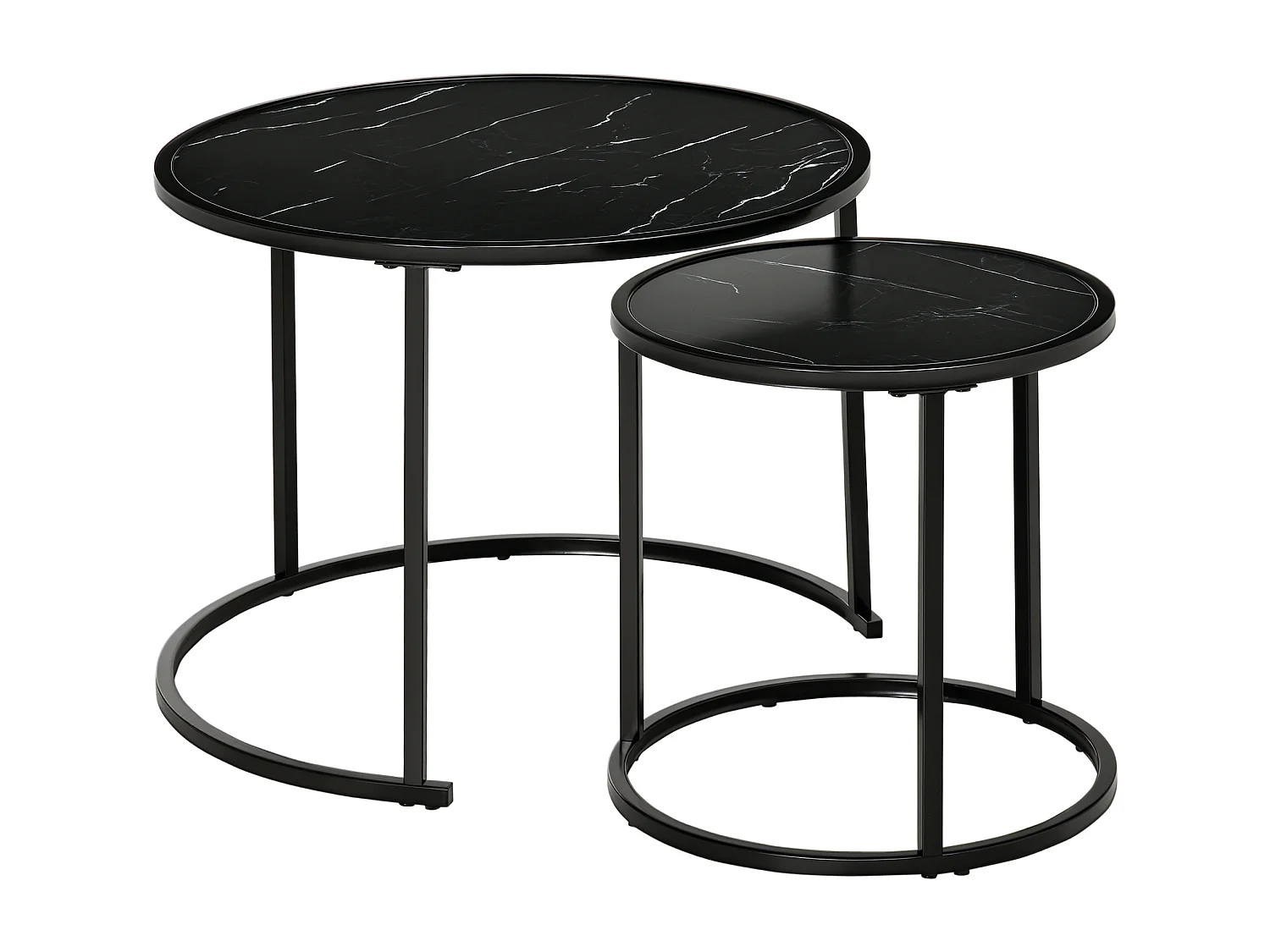 Lot de 2 tables basses rondes gigognes empilables métal noir aspect marbre noir
