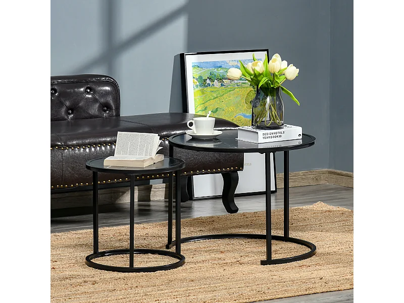 Lot de 2 tables basses rondes gigognes empilables métal noir aspect marbre noir