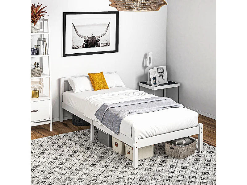 Lit simple design - tête de lit, sommier inclus - dim. 198L x 96l x 70H cm - compatible matelas 190L x 90l cm - bois blanc